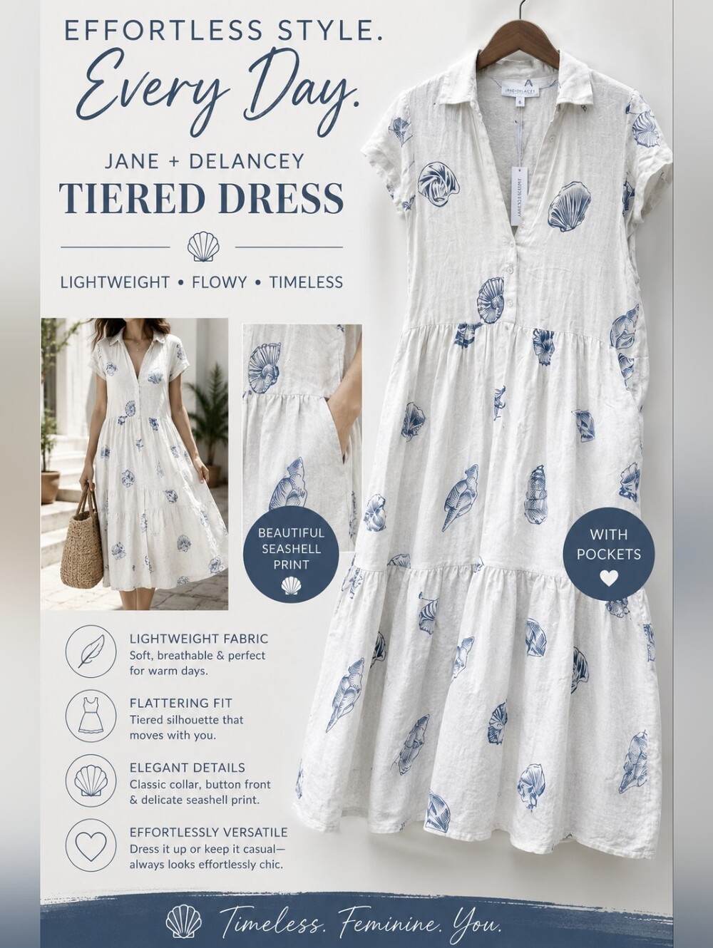 White Tiered Midi Dress with Blue Seashell Print
